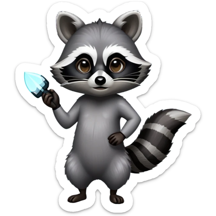 Cinematic-Raccoon-Realistic-Full-Body-Standing-Emoji – Tail flicking lazily, head tilted dramatically, thick grey fur with a signature black mask, sharp and alert ears, simplified yet realistic focused features, highly detailed, glowing with an almost sarcastic glow. sticker