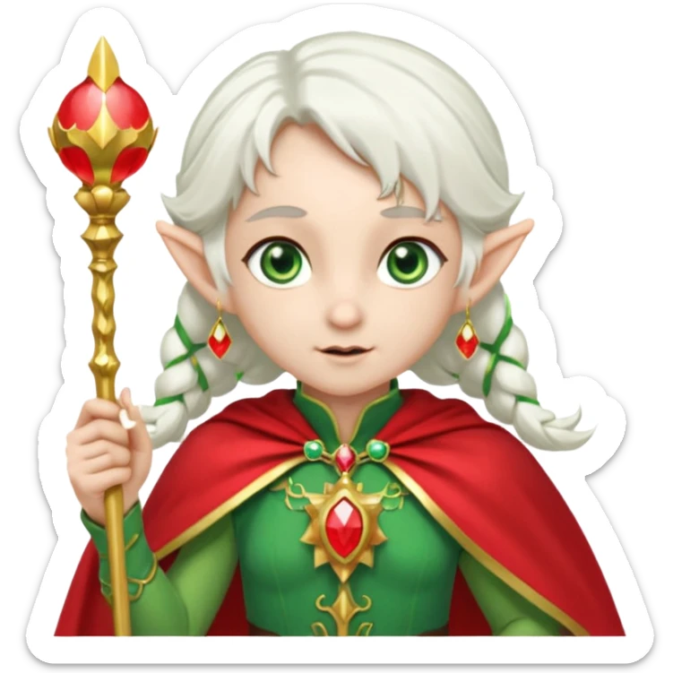 an elf with very white hair and two  pigtails on the side of her head, she has a curtain bang, green eyes, she has a white cape with golden borders and a scepter with a red orb, she has earrings that look like red drops sticker