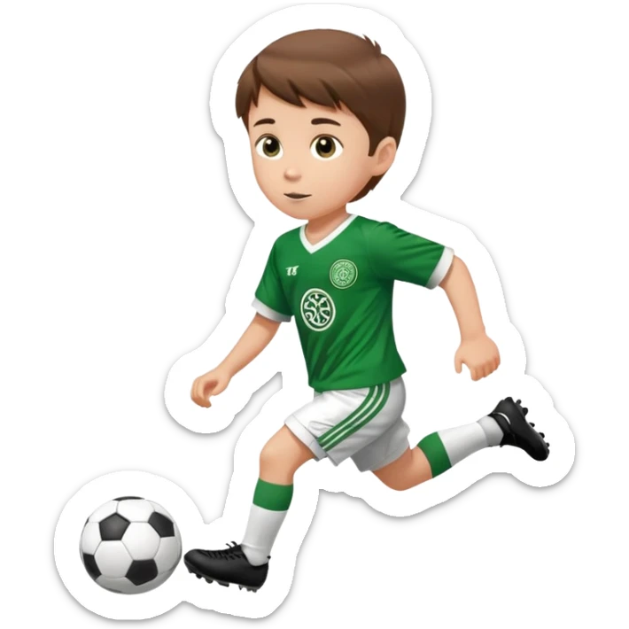 Celtic footballer jersey logo  6 years old brown hair white boy , brown eyes , stripes uniform , RUNNING  with soccer ball # 17 celtic football logo PUT ONLY ONE LOGO ONE CELTIC LOGO ONLY white shorts sticker