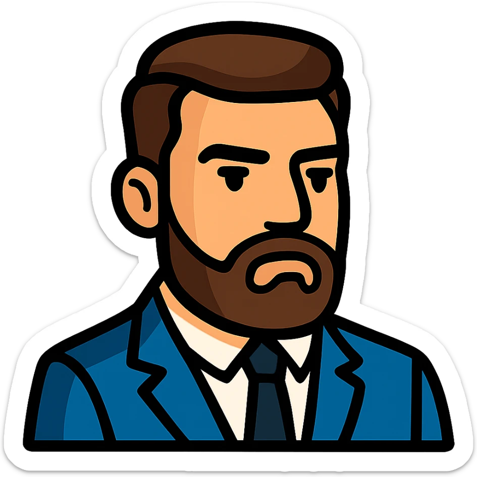 Create a simplified, vector-style Twitch emoji version of the person in the photo. Focus on the face and upper torso, dressed in a suit, with a serious and charismatic expression. Background should be transparent and the style should be clean and minimalistic, suitable for Twitch emoji use. sticker