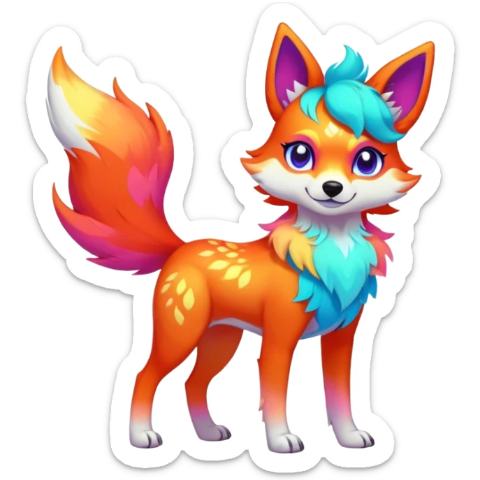 Vibrant multicolored neon-colored Falvie-Fionbri-creature-sparkle-dog-fursona, full body sticker