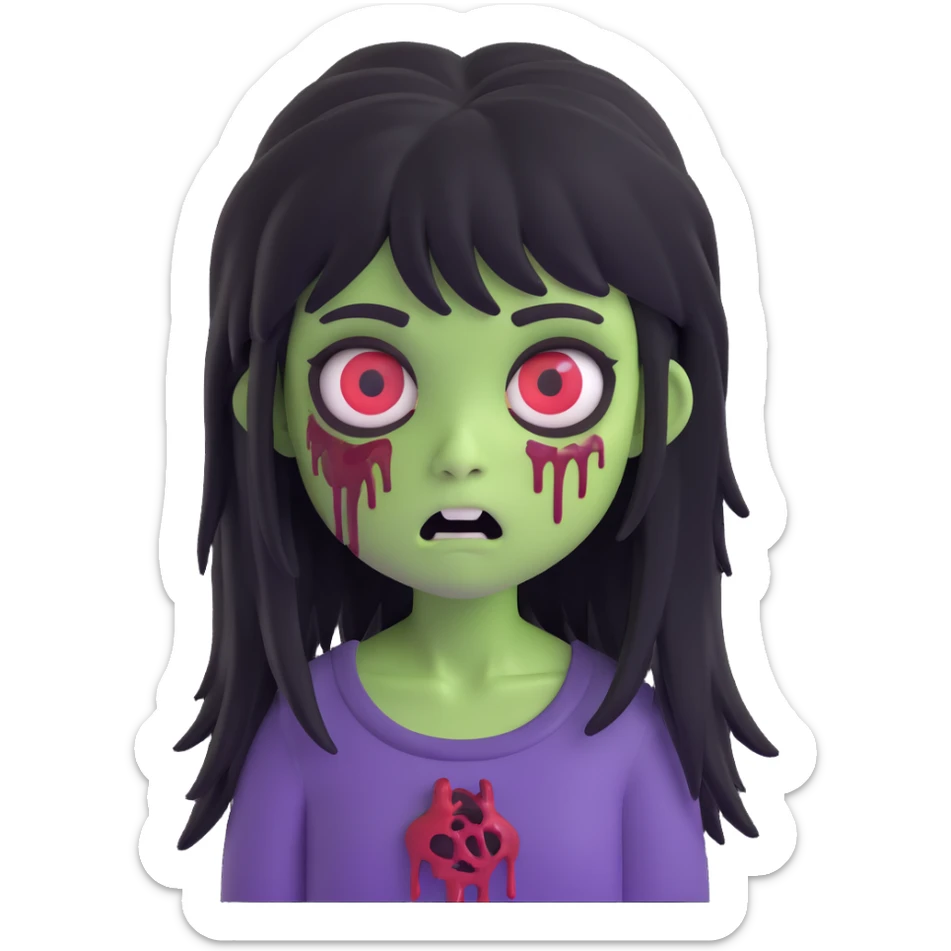 memoji style girl zombie with long black shaggy emo hair, dark and spooky, creepy expression sticker