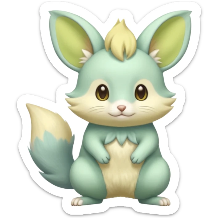 Pastel green pastel lime color golden yellow beige, soft natural realistic divine beautiful elegant pretty precious cute young youthful  Fakémon-Pokémon-opossum-feline-mouse-serval-caracal-chinchilla-Minccino-Cinccino-Meowstic-rodent-hybrid-creature with a big fluffy bushy tail (full body) sticker