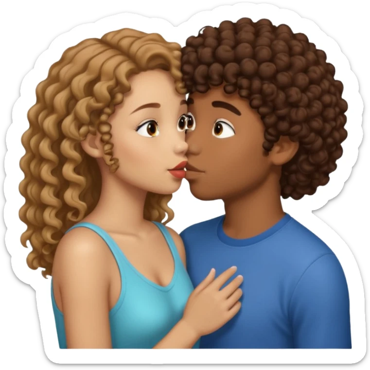 light skin girl straight hair kissing boy with brown curly hair brown skin sticker