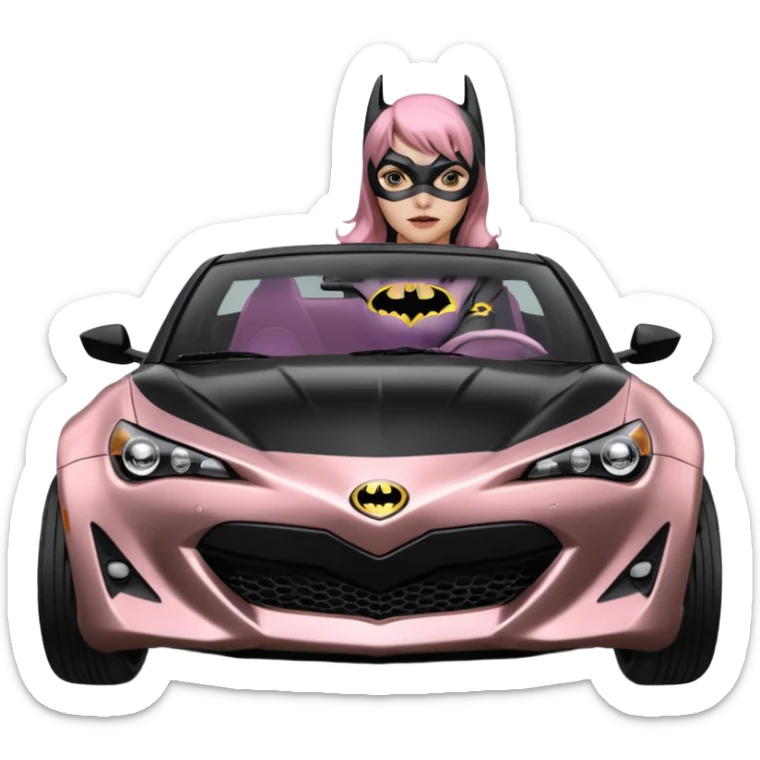 Relaxed adult 60’s Batgirl’s full reality crime fighting themed Satin black and rose gold painted Scion FR-S pursuit vehicle hot rod off road capable  sticker