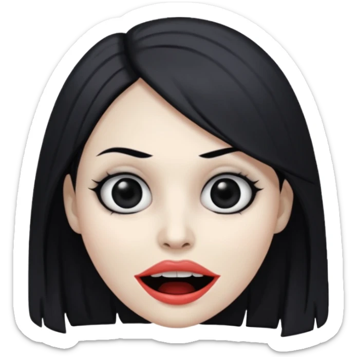 woman with gray skin and black hair and a creepy face with white eyes and hollow mouth sticker