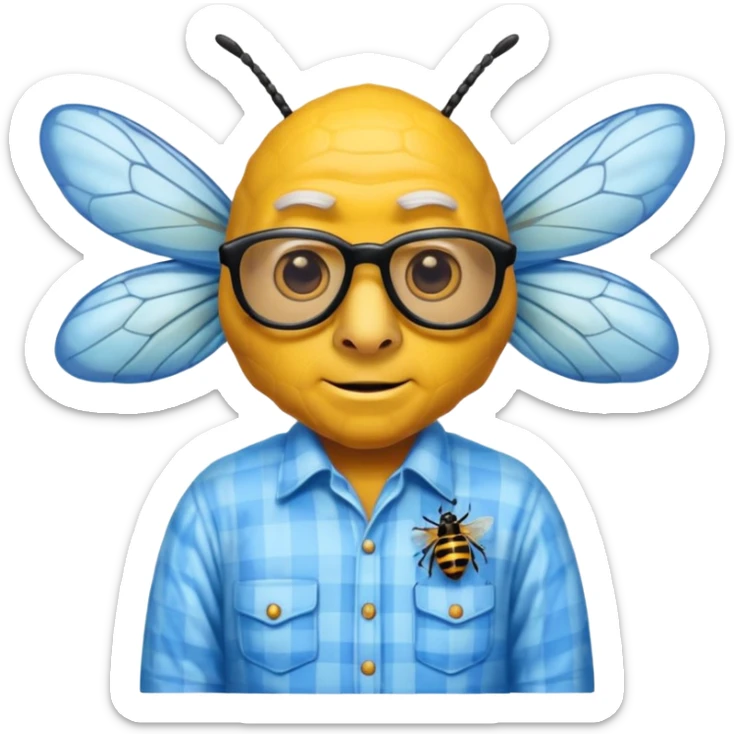una abeja con cabeza de un señor canoso viejo, robusto yhumano, el cuerpo de la abeja dejalo sin cambiar sticker