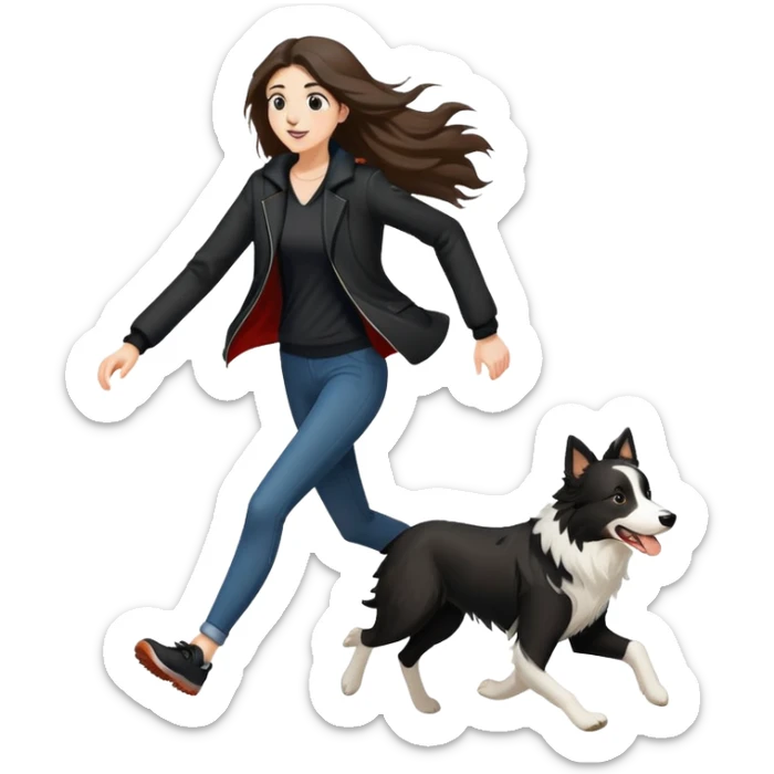 A beautiful tall girl with fair skin and long hair wearing a black jacket running with a Border Collie sticker