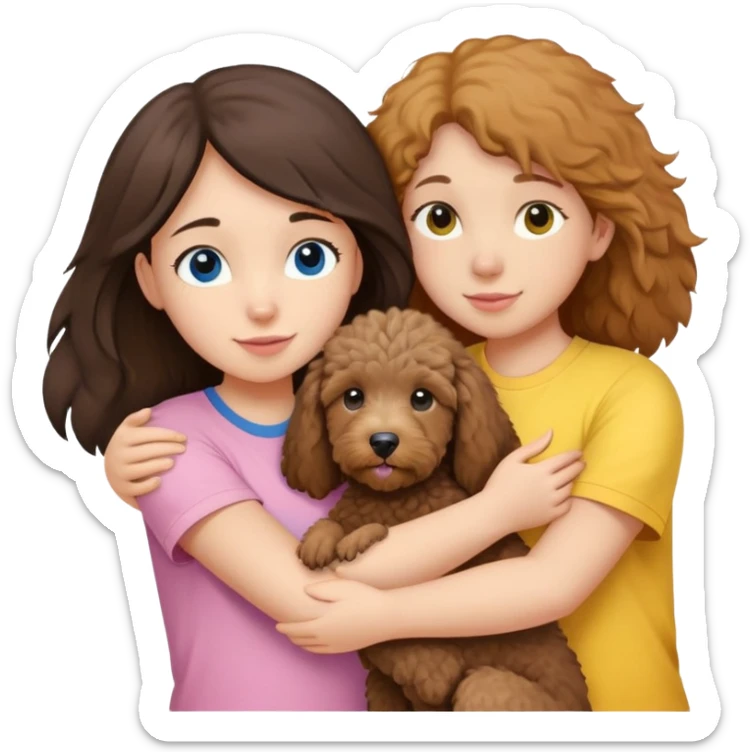 One girl with medium long dark brown hair dressing baby pink T-shirt, hugging One little brown coated labradoodle and a yellow-headed, blue-bellied macaw sticker