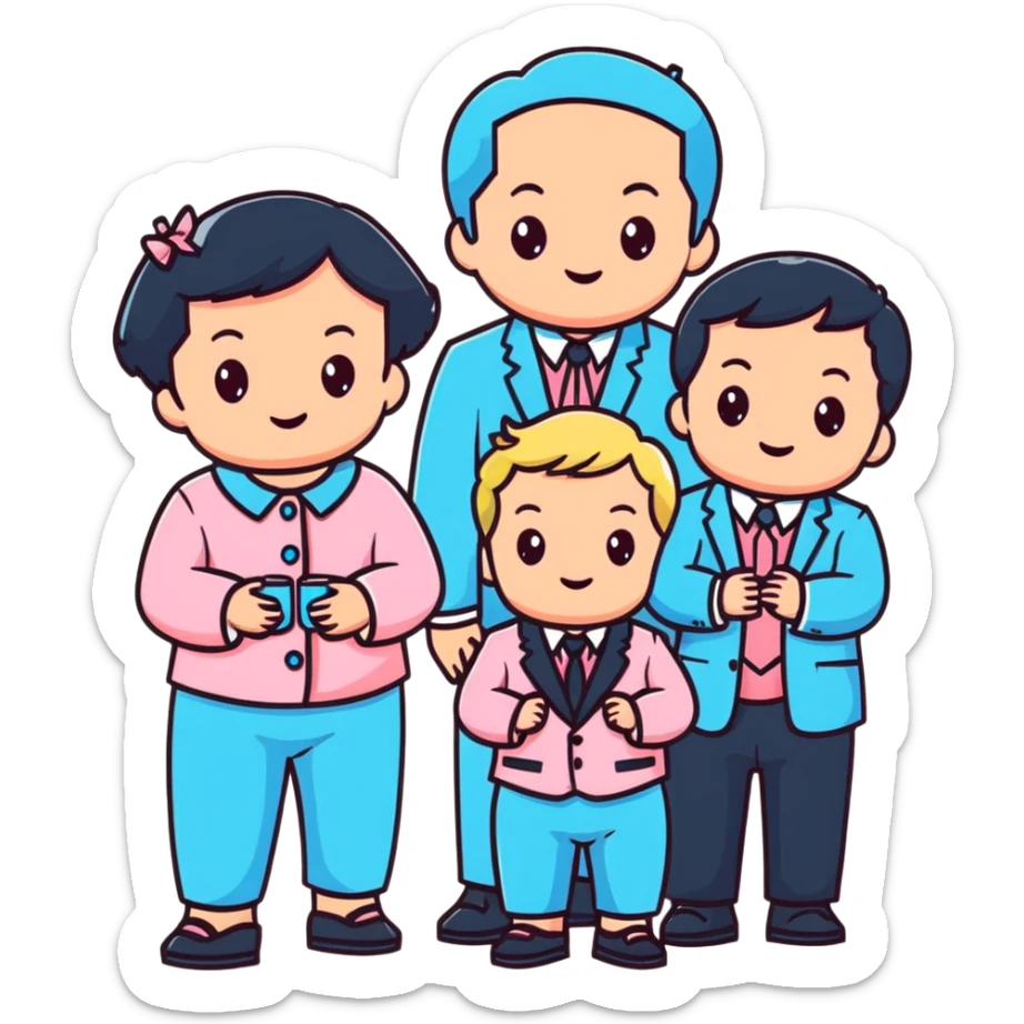 triplet toddlers with two girls in pastel pink clothes on each side and a boy in pastel blue suit in the middle sticker