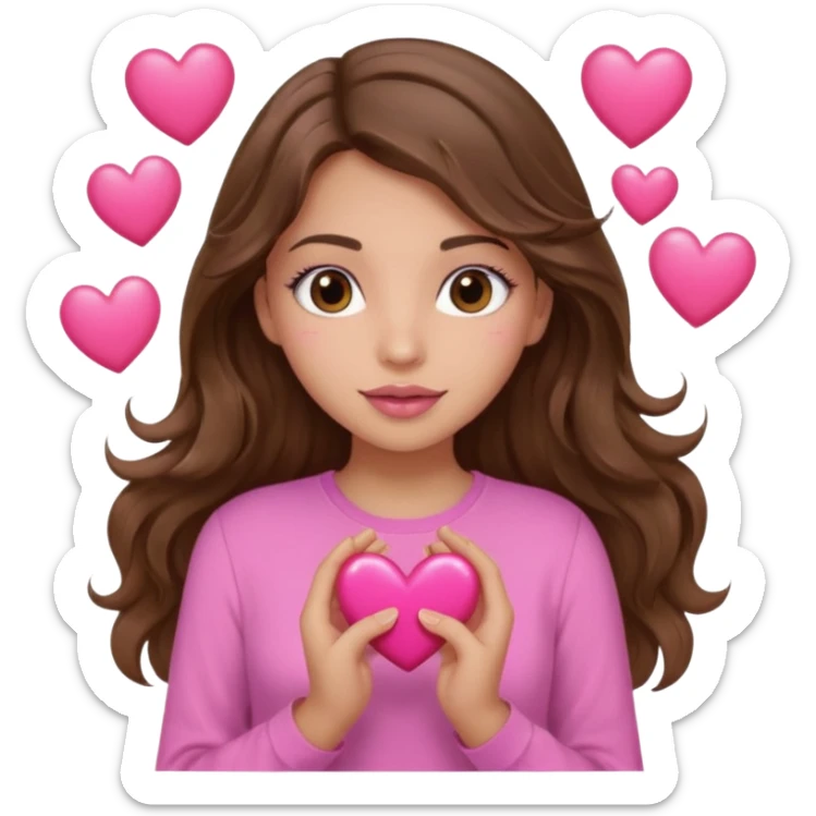 girl with long wavy brown hair, brown eyes, light to medium complexion, in a pink shirt, pink lips, long lashes, many  hearts in hand sticker