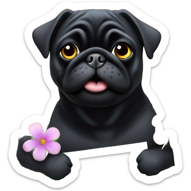 Black pug , surrounded by flowers, holding a green sign that says “good luck”  sticker