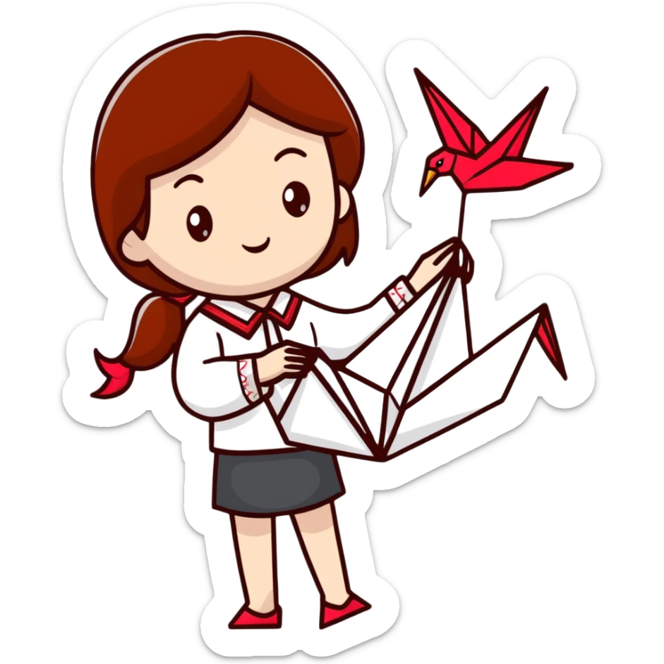 A happy Ukrainian young girl with brown hair in a white embroidered shirt makes an origami red crane craft sticker