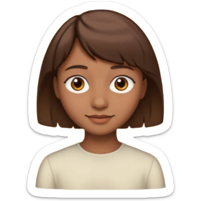 une peau brune mais pas trop de cheveux marron un peu vie avec une mèche un peu rideau mais pas trop longues des yeux marrons pas vraiment trop éclatant un beau petit sourire une peau un peu marron mais pas trop clair sticker