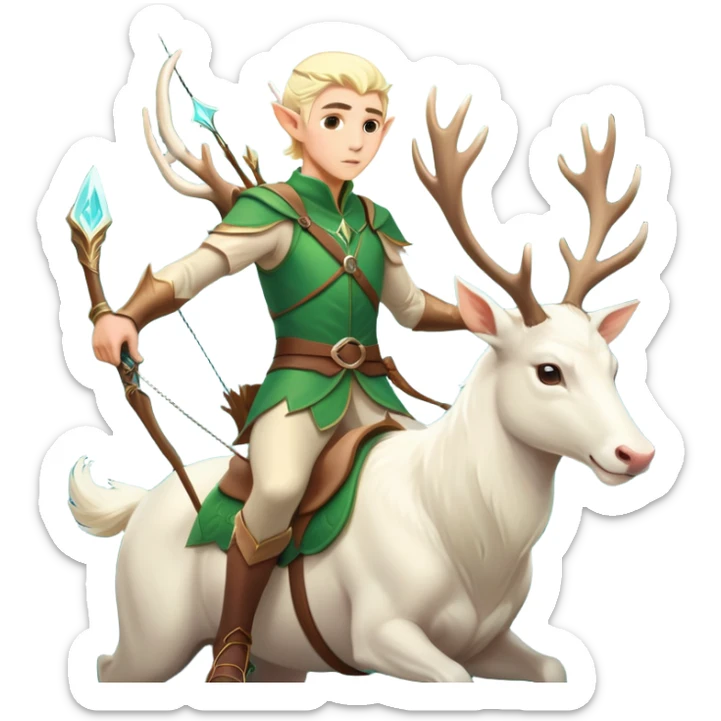 clash-of-clans-aesthetic-blond-male elf-archer-portrait-emoji, rendered in a flat, vector-style with minimal shading and bold, simplified shapes, head tilted slightly forward with a determined, focused expression, riding a majestic white stag whose antlers glow with mystical energy, set against an ancient, enchanted forest backdrop. sticker
