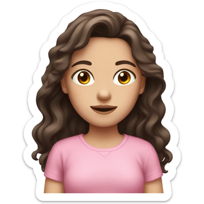 pale girl with long dark brown wavy hair and a pink shirt sticker