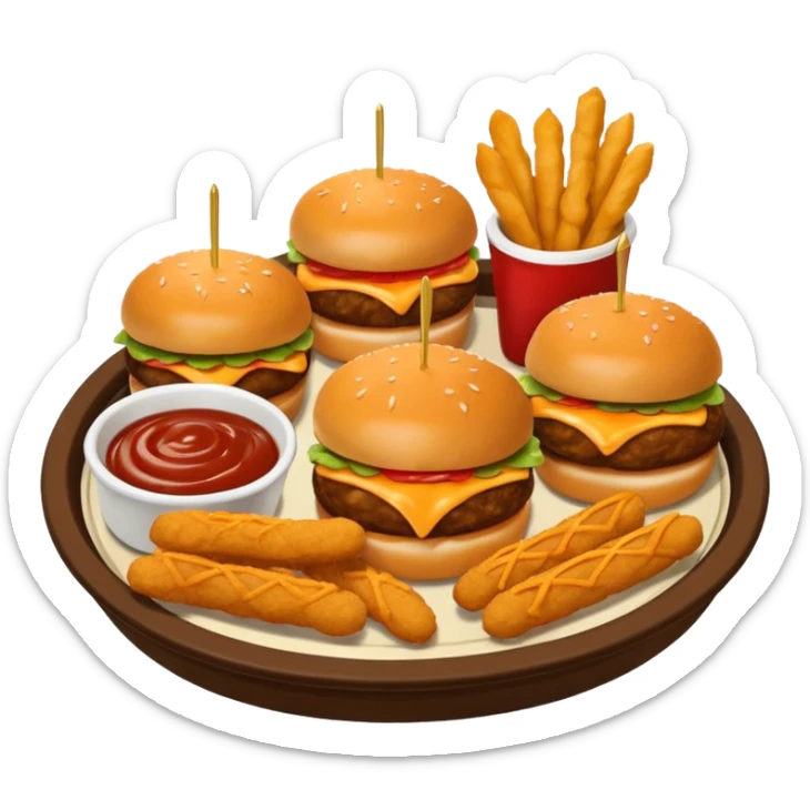 emoji of a Tripper Dipper appetizer platter from Chili’s. The emoji should feature two mini cheeseburger sliders with glossy brioche buns and melted cheese, crispy golden mozzarella sticks, and saucy chicken tenders arranged in a small basket with three dipping sauces in round cup sticker