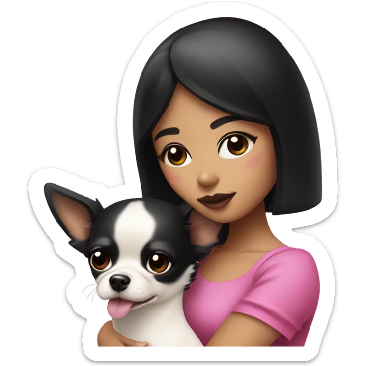 Thick medium black hair with black eyes and pink lip and pink cheek Filipino lady hugging lack and white Chihuahua  sticker