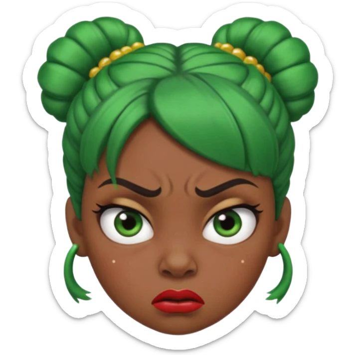Create a 3D cartoon-style girl character with dark skin, round face, angry expression, big wide eyes, and tightly styled double buns made of green beaded hair. The girl should look irritated, eyebrows sharply angled, and lips pressed in a frown. sticker