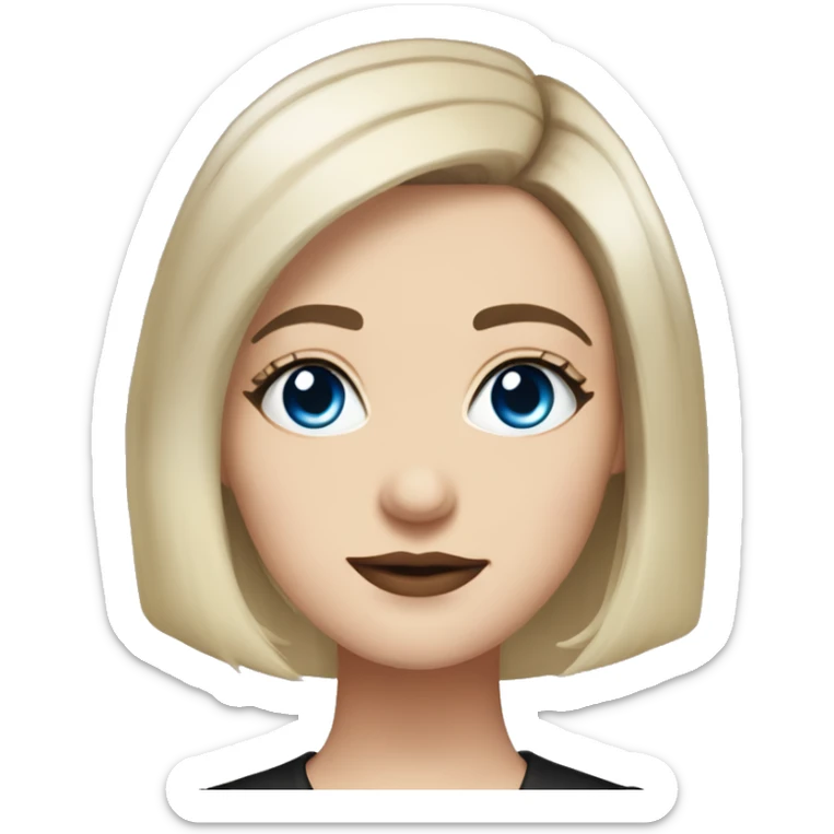 waist-length portrait, looking up, Slavic adult woman, goth eyes makeup, blue eyes, medium bob black-to-blonde ombre straight hair, white T-shirt and black office jacket. sticker