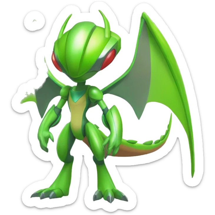 a shiny green Genesect-Flygon-Raptor-Fakémon—hybrid with a futuristic visor-helmet full body sticker
