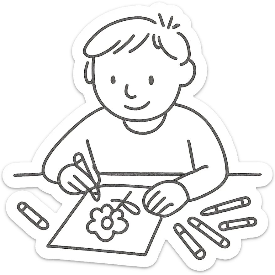a person sitting at a table coloring a page with art supplies like crayons and colored pencils around them, simple artistic coloring page scene, clear black outlines, no color, suitable for coloring sticker
