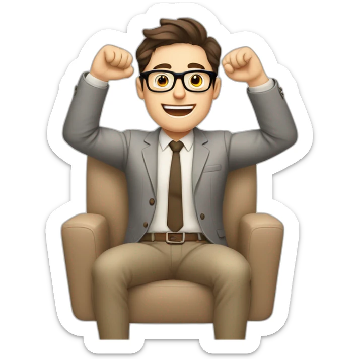 Joyful Celebrating victory Hands up Pale skinned Fit Man With dark brown hair in gray jacket, beige office shirt, Brown pants and vintage glasses sitting In a soft chair sticker