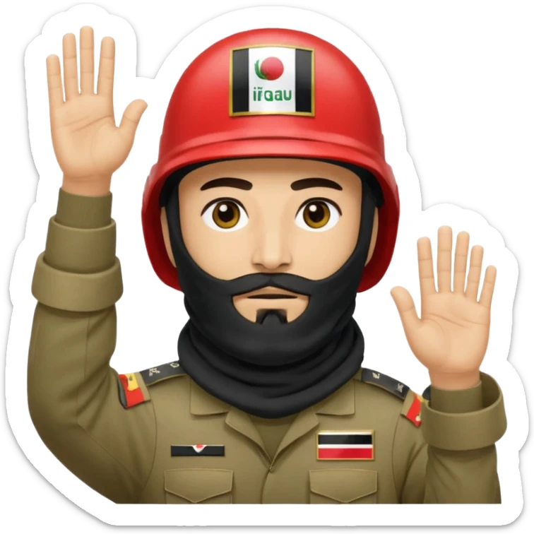 surrenders, depicts an Iraqi soldier from 1980, with a beard, in a helmet, a helmet with sign flag Iraq, with a balaclava, with sad eyes and both hands raised up sticker