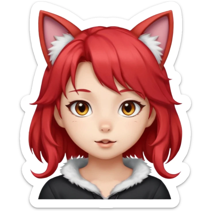 very cute anime cat-girl with cat ears, red blowing hair sticker