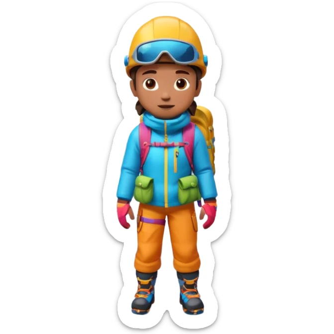 A 3D cartoon mountaineer standing on a snowy Everest-like summit with a flag, wearing colorful climbing gear, soft lighting, Memoji-style.negative : Flag sticker