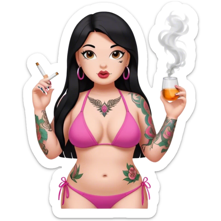 caucasian curvy girl, with tattoos, in pink bikini, smoking, with a long straight black hair  sticker