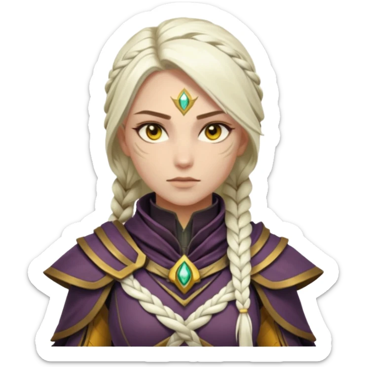 Destiny 2 warlock, female, long white braid, gold yellow eyes, no helmet, novice armor sticker