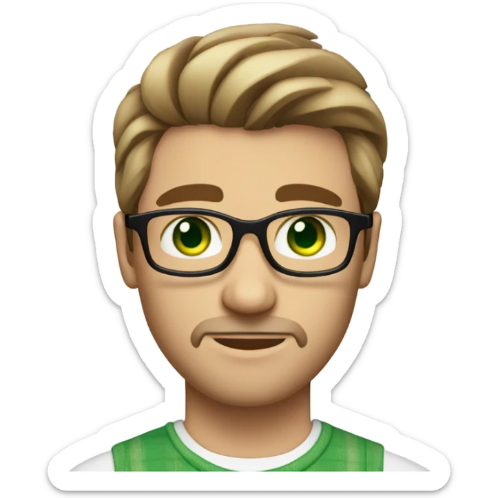 fair skinned Caucasian male, green eyes, brown glasses and stubble sticker