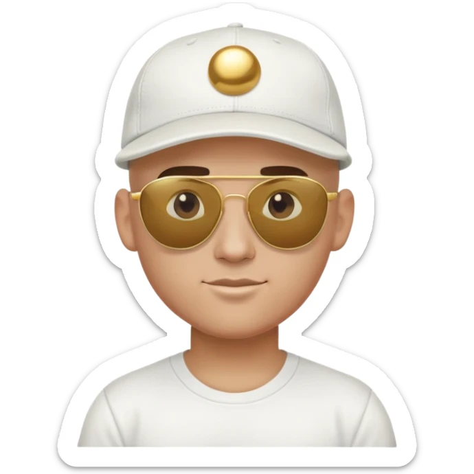 a bald jock wearing a baseball cap in a white T-shirt and round gold sunglasses sticker