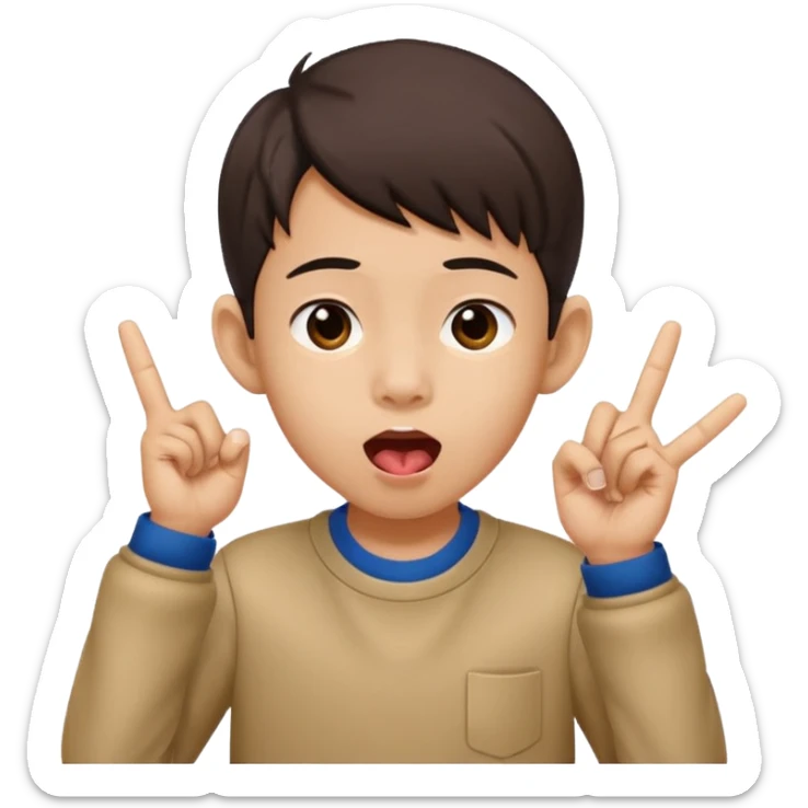 a boy with asian eyes holding his ears out with 2 fingers and with his tongue out sticker