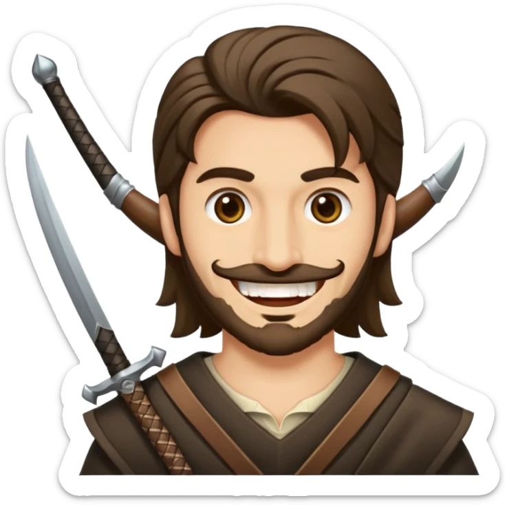 Haz que tenga una sonrisa epica una cicatriz en el ojo serrado y una espada entre los dientes y dos más a cada lado. sticker