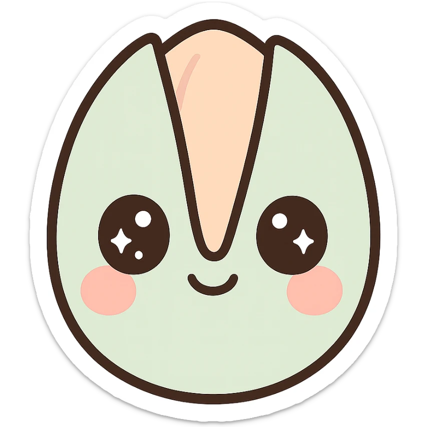 a cute pistachio nut with big sparkling eyes, kawaii style, pastel colors, blushing cheeks sticker