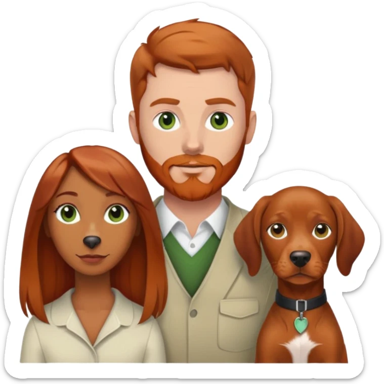 White male with green eyes red beard and brown hair and a tan female with brown eyes and balayage long hair and vizsla dog sticker