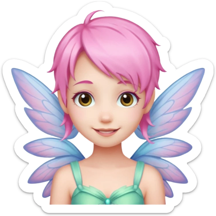 A tiny pastel fairy with pink hair with glowing wings and a sweet smile  sticker