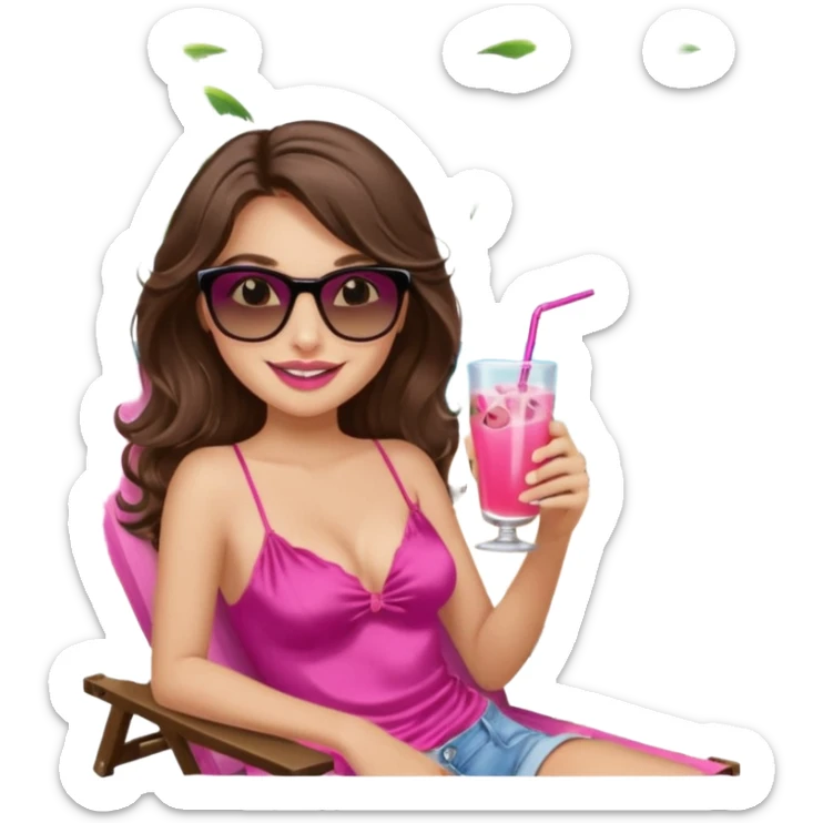 girl with long wavy brown hair, brown eyes, long lashes makeup, sexy pink lips, smiling, light to medium complexion, wearing a pink sexy silk top, relaxing in a beach chair, wearing black sunglasses, holding a drink, palm trees  sticker