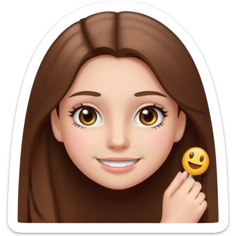 teenage girl with straighter long brown hair, hazel eyes, wearing blush and mascara, emoji style, smiling sticker
