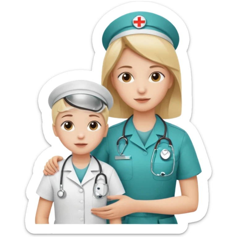 A young medic (woman) attending to a child at the local hospital sticker