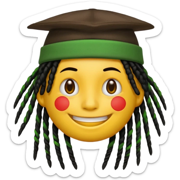 Yellow smile emoji with black dreads and a hat with yellow at the top red in the middle and green at the bottom sticker