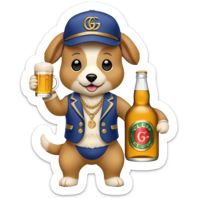 Ein Hund der talahon ist und Bier trinkt mit gucci cap und gucci Tasche  sticker
