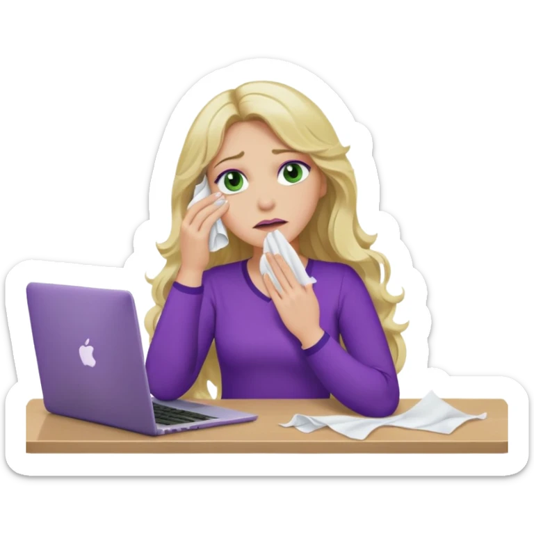 lady with long wavy blonde hair, purple top, green eyes, at desk with hand holding tissue to her eye and crying, with a purple mac laptop  sticker