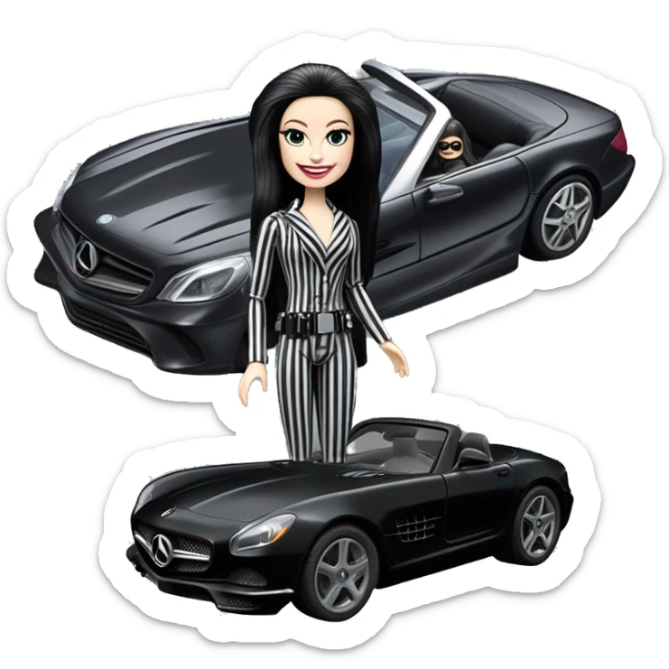 Darth Vader Barbie, 1910 teen Morticia Addams from academy, in dark-gray and black striped outfit. Smiling Driving Mercedes convertible sports car. Pale-white porcelain skin.  sticker
