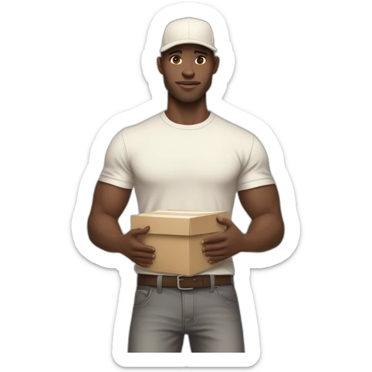 Pale skinned fit Man with dark brown hair in a beige cap, gray jeans, brown polo and white T-shirt keeping a pasted with tape white box into his hands sticker