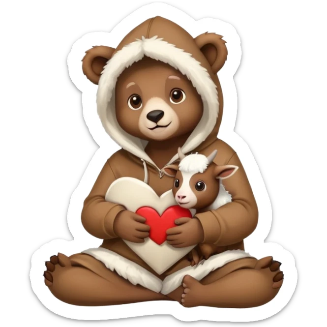 Bear wearing a hoodie sitting with a goat wearing a hoodie in a heart shape  sticker