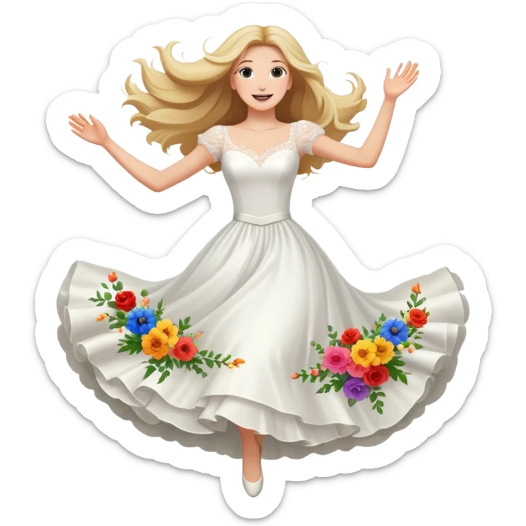 White woman - long hair - white wedding dress - happy - jumping - fashion - elegant - flowers - dreamy - colorful sticker