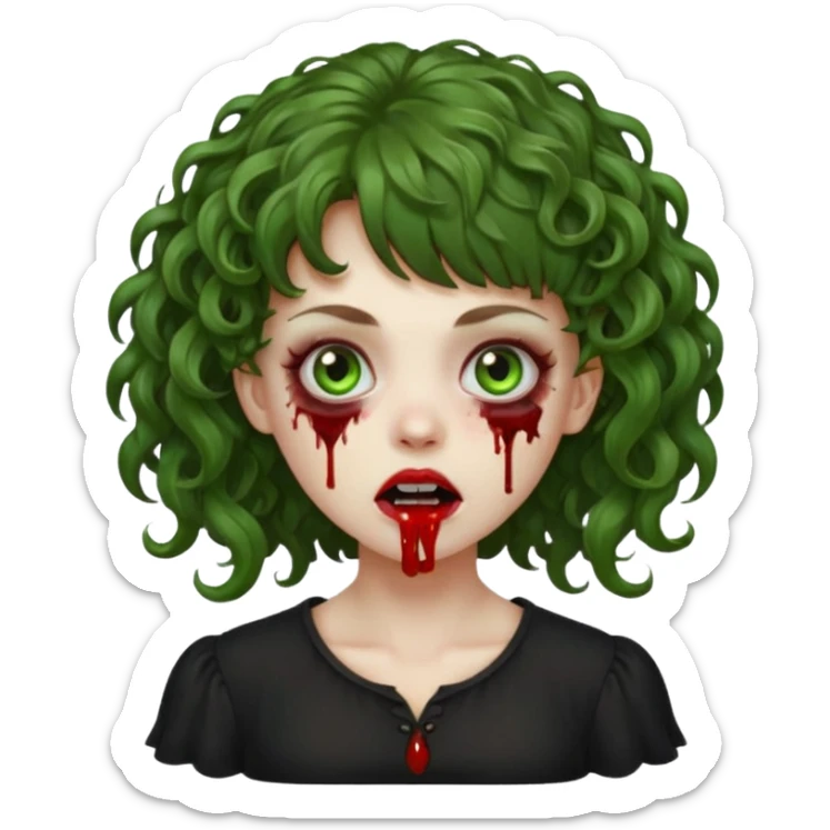 Green zombie emoji girl with curly Brown hair, with curly bangs, wearing a black bluse, blood Just in the tongue  sticker